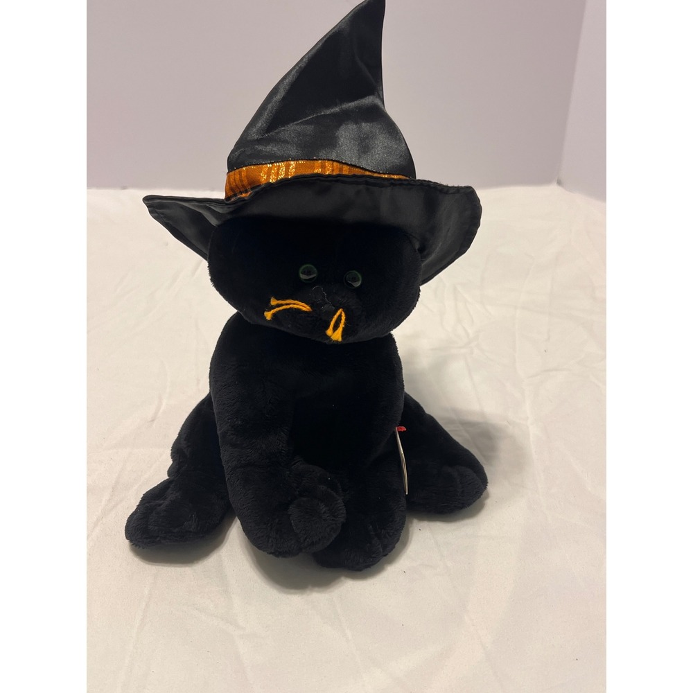 Ty Pluffies Merlin Black Cat Witch Hat Halloween Plush 2005 11 Inch